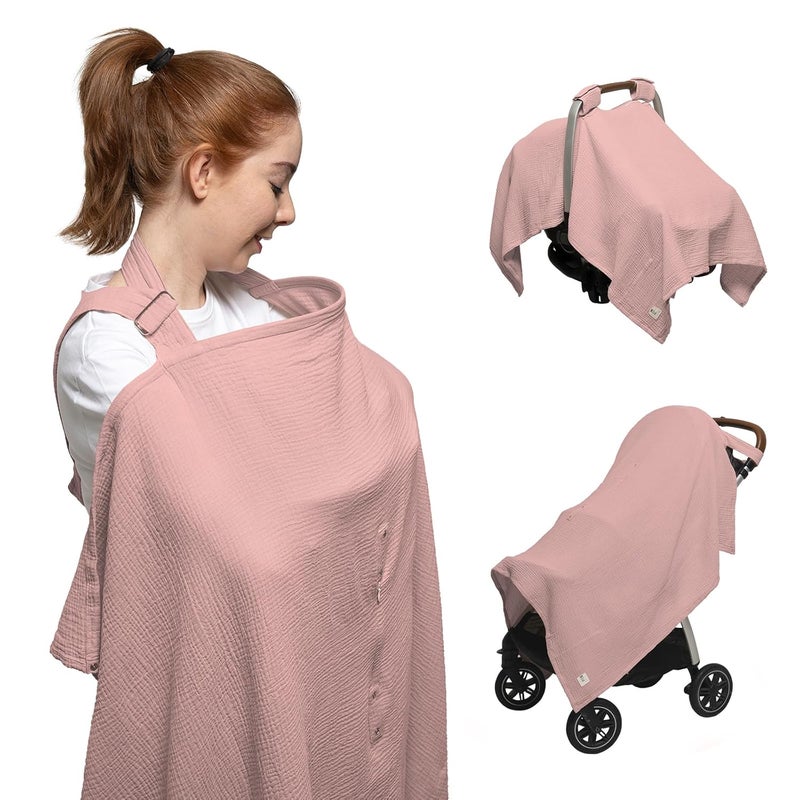Nilsa 5-in-1 Muslin Nursing Cover up for Breastfeeding & Baby Car Seat Cover - Breathable Breastfeeding Cover With Rigid Hoop - 100% Cotton Privacy Apron Breast Feeding Covers For Women (Blush) - Image 1